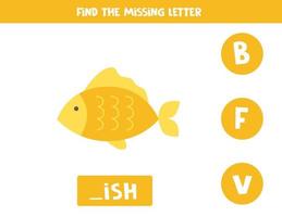 Find missing letter with cute fish. Spelling worksheet. vector