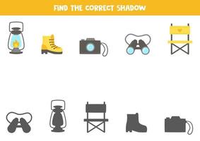 Find the correct shadows of cartoon camping elements. Logical puzzle for kids. vector