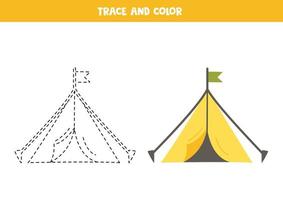 Trace and color cartoon tent. Worksheet for children. vector