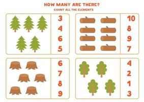 Counting game with trees and logs. Educational worksheet. vector