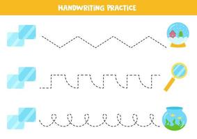 Tracing lines with glass objects. Writing practice. vector