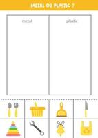 Sort objects into metal or plastic. Worksheet for kids. vector