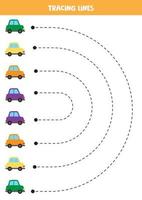 Tracing lines for kids. Cute colorful cars. Writing practice.