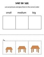 Sort wooden tables by size. Educational worksheet for kids. vector