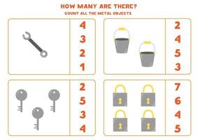 Counting game with cartoon metal objects. Educational worksheet. vector