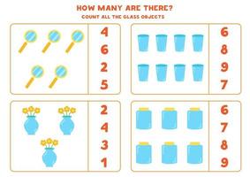 Counting game with cartoon glass objects. Educational worksheet. vector