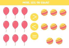 More, less, equal with balloons and balls. vector