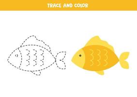 Trace and color yellow fish. Worksheet for children. vector