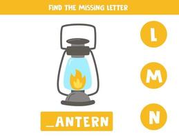 Find missing letter with camping lantern. Spelling worksheet. vector