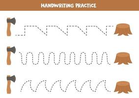 Tracing lines for kids. Cartoon axe and stump. Writing practice. vector