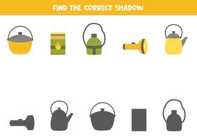 Find the correct shadows of cartoon camping elements. Logical puzzle for kids. vector