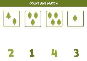 Counting game for kids. Count all fir trees and match with numbers. Worksheet for children. vector