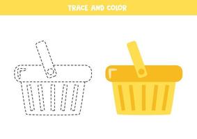 Trace and color cartoon shopping basket. Worksheet for children. vector