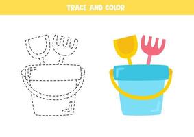 Trace and color cartoon pail. Worksheet for children. vector