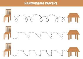 Tracing lines with wooden chair and table. Writing practice. vector