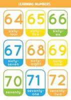 Learning numbers cards from 64 to 72. Colorful flashcards. vector