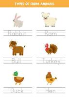 Tracing names of farm animals. Writing practice. vector