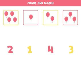 Counting game for kids. Count all pink balloons and match with numbers. Worksheet for children. vector