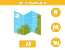 Find missing letter with cartoon map. Spelling worksheet. vector