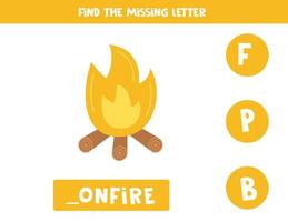 Find missing letter with cartoon bonfire. Spelling worksheet. vector