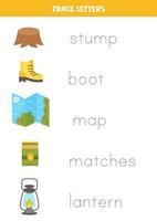 Tracing names of cute camping elements. Writing practice. vector