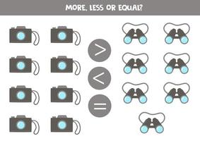 More, less, equal with photo camera and binoculars. vector