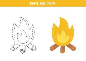 Trace and color cartoon bonfire. Worksheet for children. vector