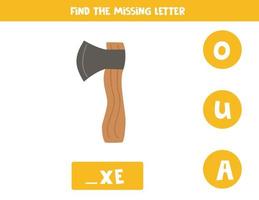 Find missing letter with cartoon axe. Spelling worksheet. vector