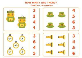 Counting game with camping elements. Educational worksheet. vector