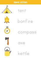 Tracing names of cute camping elements. Writing practice. vector