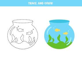 Trace and color cartoon aquarium. Worksheet for children. vector