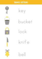 Trace words. Educational game for kids. Metal objects. vector