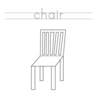 Trace word and color wooden chair. Worksheet for children. vector