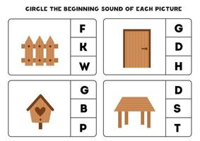 Worksheet for kids. Find the beginning sound of wooden objects. vector