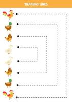 Tracing lines for kids. Cute cartoon farm birds. Writing practice. vector