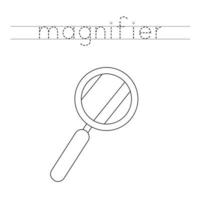 Trace the letters and color cartoon magnifier. Handwriting practice for kids. vector