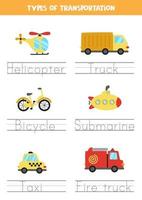 Tracing names of transportation means. Writing practice. vector