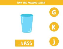 Find missing letter with cartoon glass. Spelling worksheet. vector