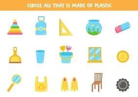 Find all plastic objects. Educational worksheet for children. vector