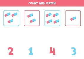 Counting game for kids. Count all rubber erasers and match with numbers. Worksheet for children. vector