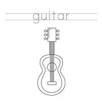 Trace the letters and color cartoon guitar. Handwriting practice for kids. vector