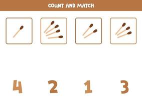 Counting game for kids. Count all wooden matches and match with numbers. Worksheet for children. vector