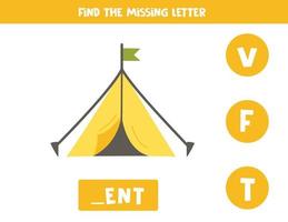 Find missing letter with cartoon tent. Spelling worksheet. vector