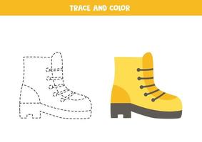 Trace and color yellow hiking boot. Worksheet for children. vector