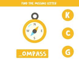 Find missing letter with navigation compass. Spelling worksheet. vector