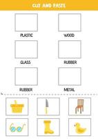 Cut pictures and paste them into right boxes. Worksheet for kids. vector