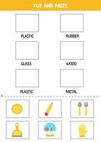 Corta imágenes y pégalas en los cuadros correctos. hoja de trabajo para niños. vector