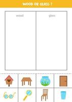 Sort objects into wood or glass. Worksheet for kids. vector