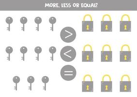 More, less, equal with metallic keys and locks. vector