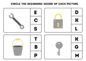 Worksheet for kids. Find the beginning sound of metal objects. vector